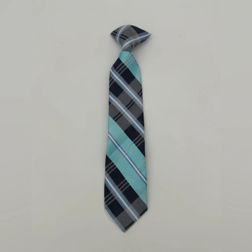 Boys Clip on blue plaid dress outfit neck tie gray formal kids one size